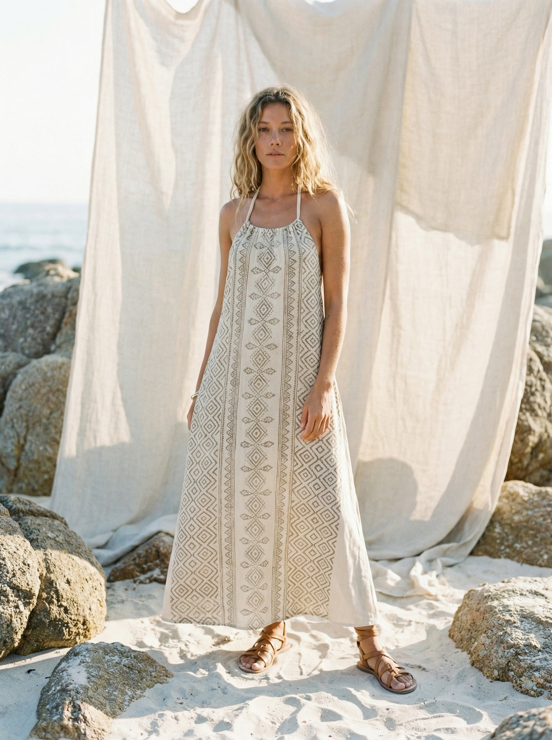 Mana Halter Maxi Dress – Cotton Sundress, Cream Tan Goddess