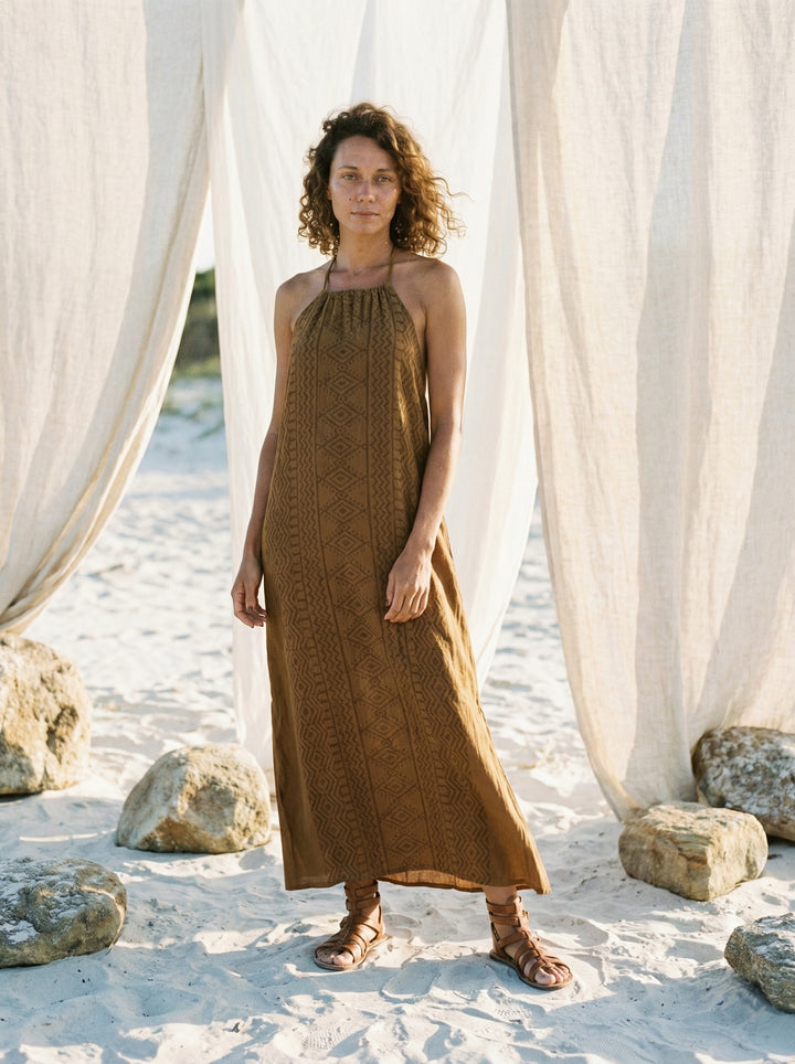 Mana Halter Maxi Dress – Cotton Sundress, Brown Tan Goddess