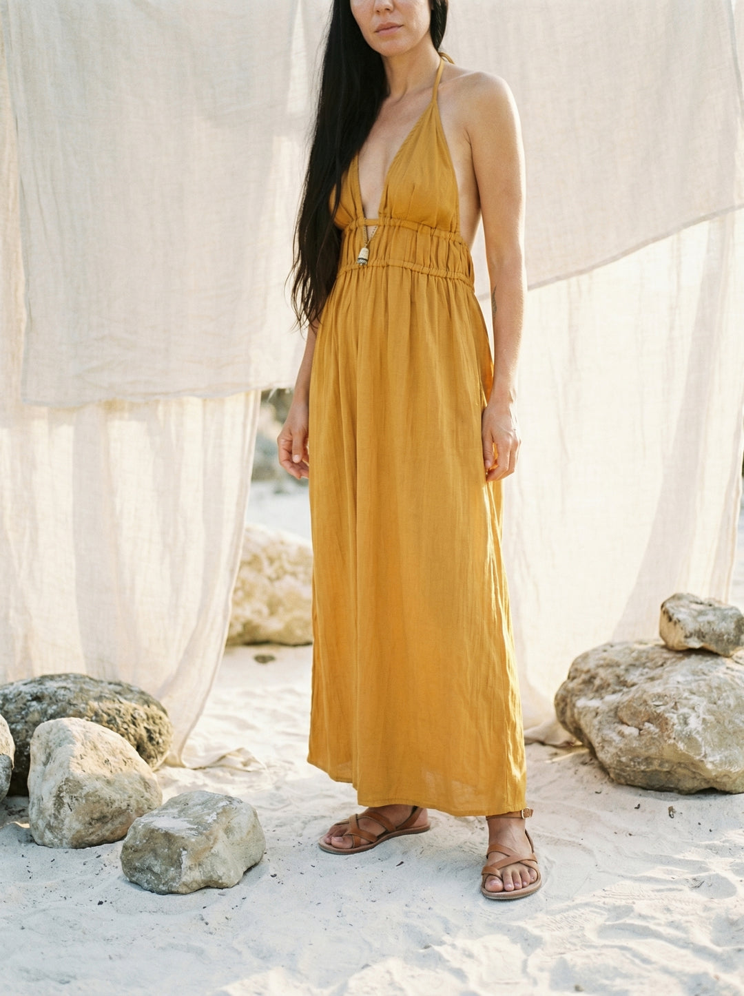 Mustard Cotton Gauze Maxi Dress – Bohemian Halter Neck Goddess Gown (UK 8-14)