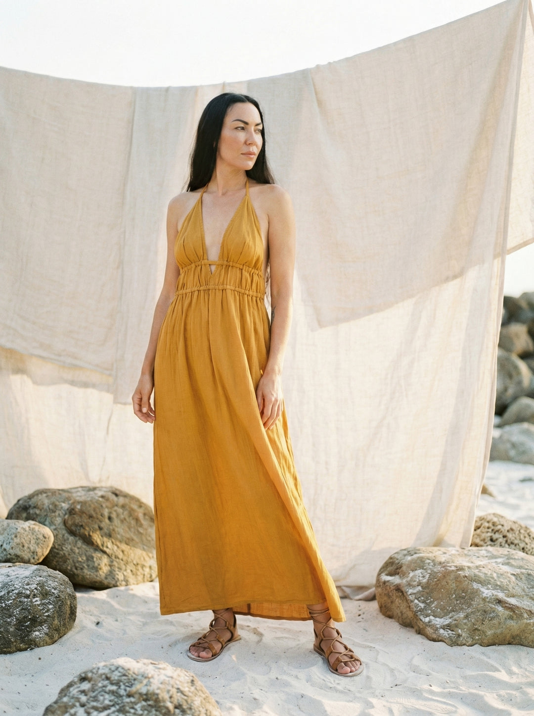 Mustard Cotton Gauze Maxi Dress – Bohemian Halter Neck Goddess Gown (UK 8-14)