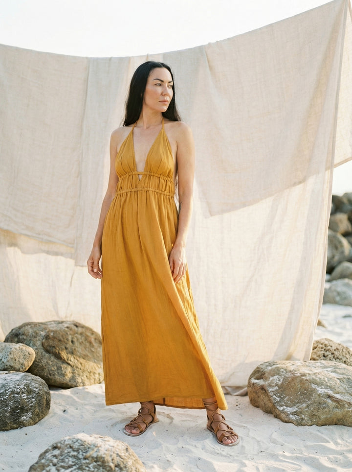 Mustard Cotton Gauze Maxi Dress – Bohemian Halter Neck Goddess Gown (UK 8-14)