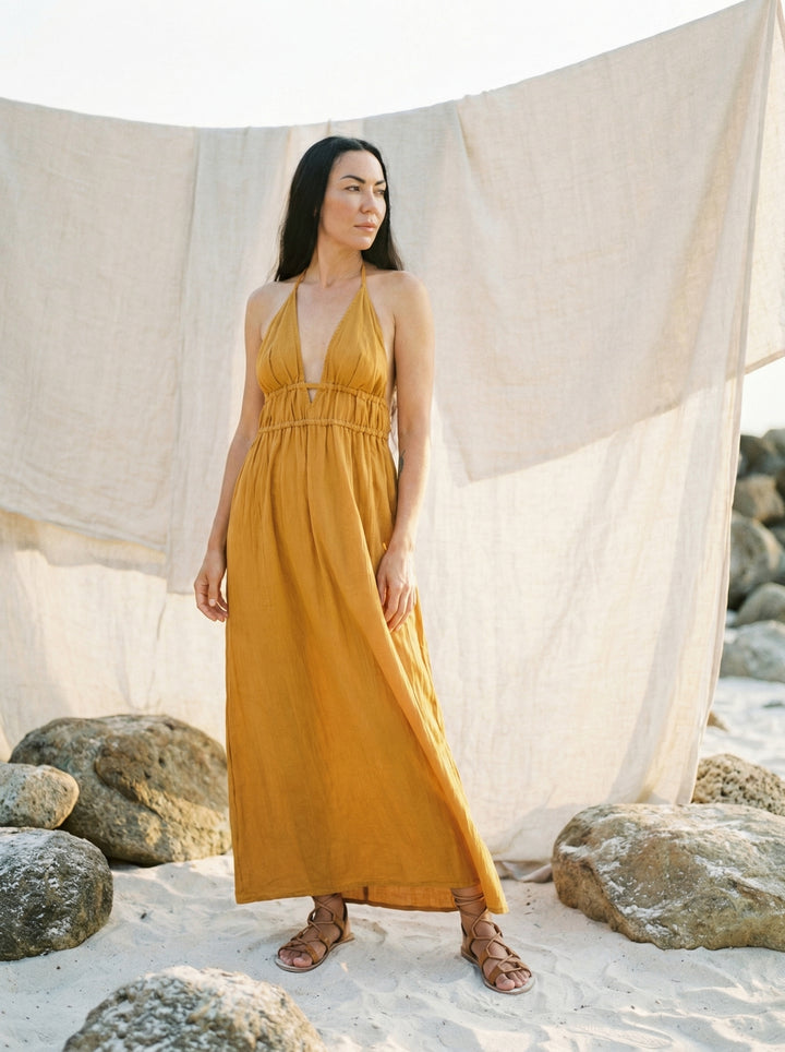 Mustard Cotton Gauze Maxi Dress – Bohemian Halter Neck Goddess Gown (UK 8-14)