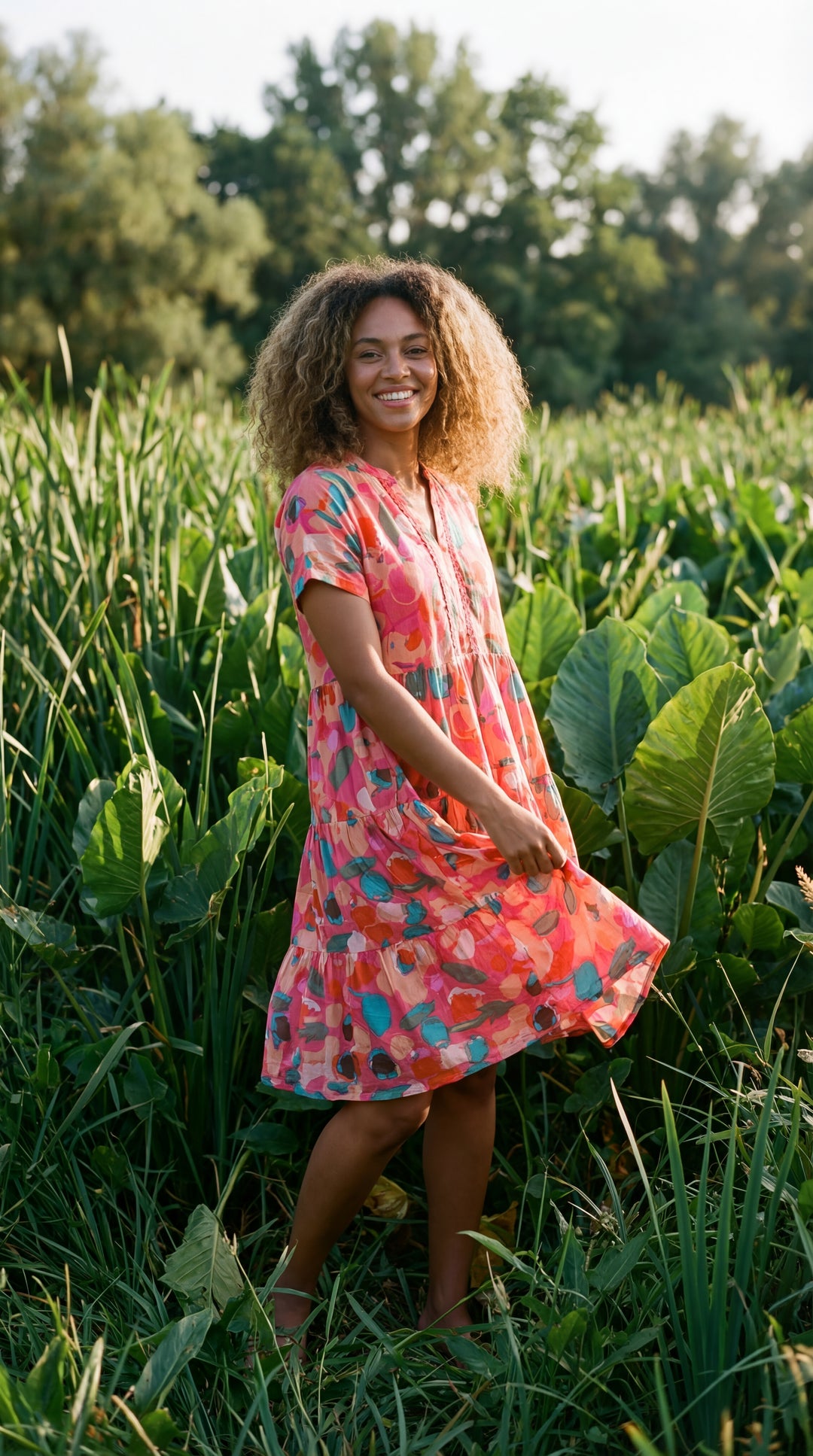 Verdant Bloom Organic Cotton Block Print Mini Dress – Tiered Boho Summer Sundress Pink