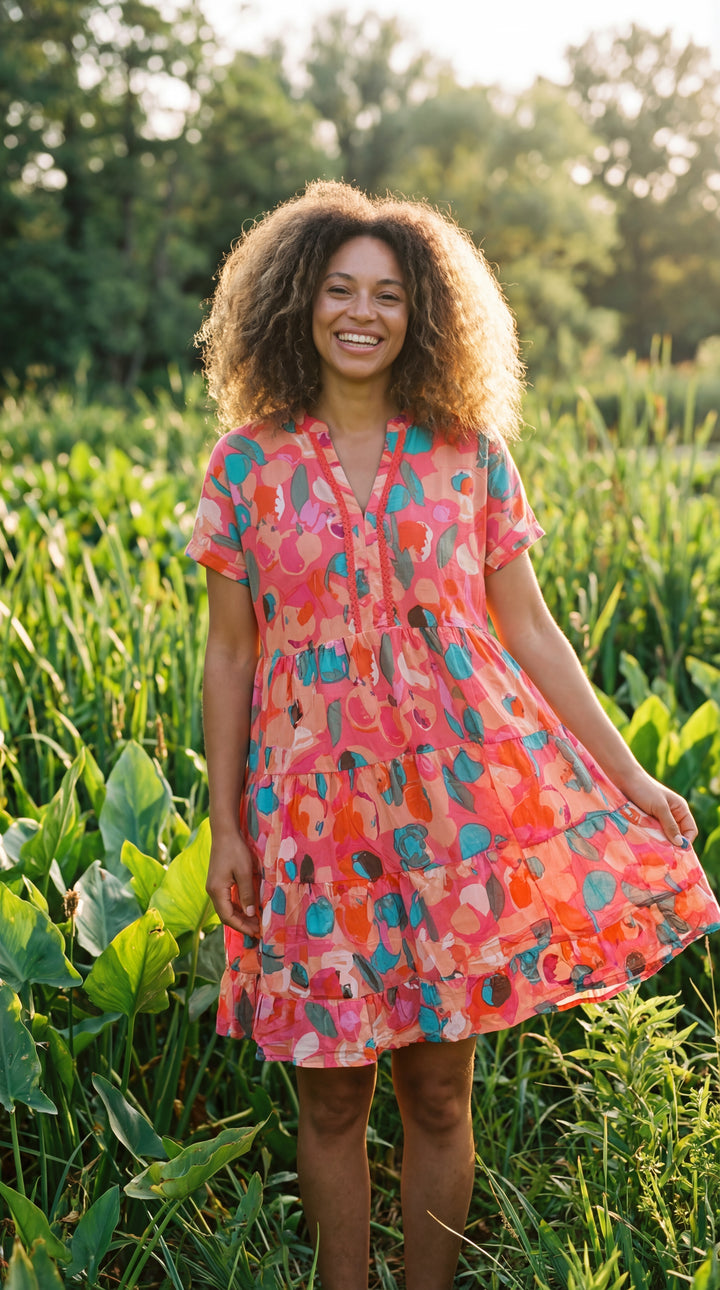 Verdant Bloom Organic Cotton Block Print Mini Dress – Tiered Boho Summer Sundress Pink