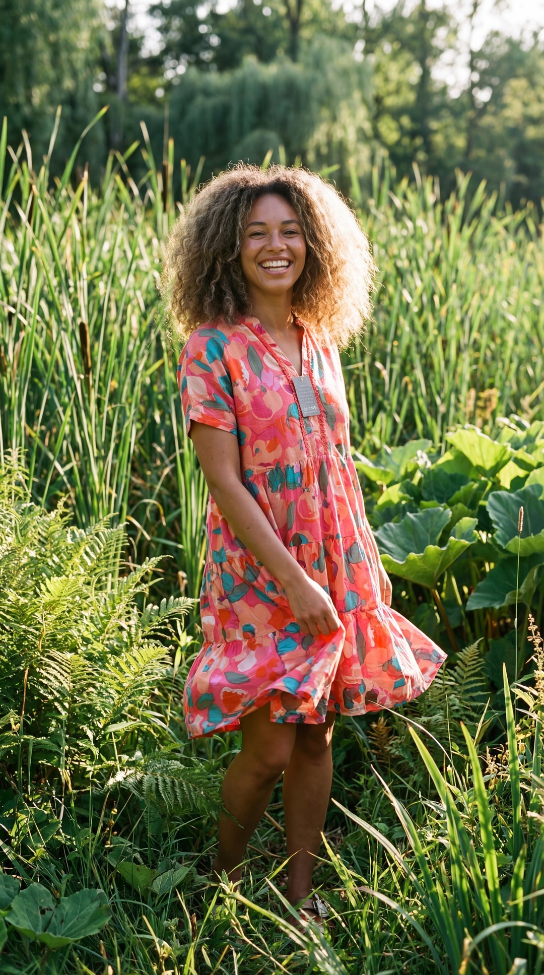 Verdant Bloom Organic Cotton Block Print Mini Dress – Tiered Boho Summer Sundress Pink