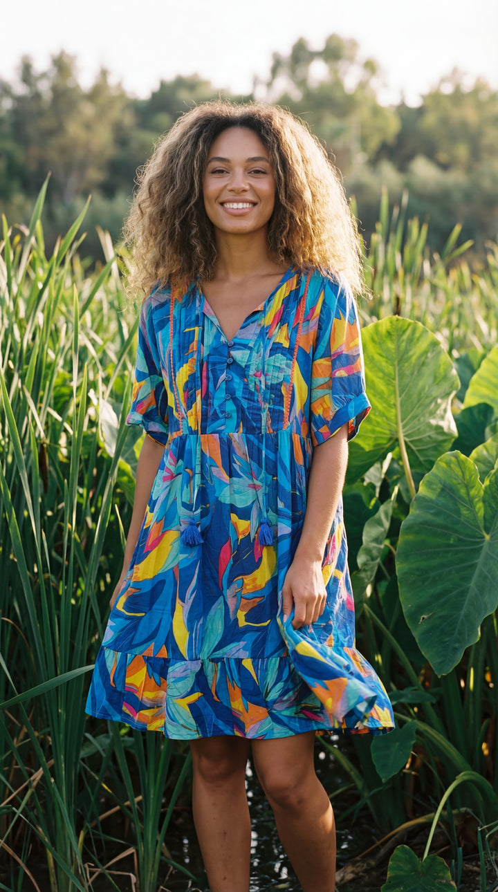 Flora Bloom Organic Cotton Block Print Mini Dress – Tiered Boho Summer Sundress Green