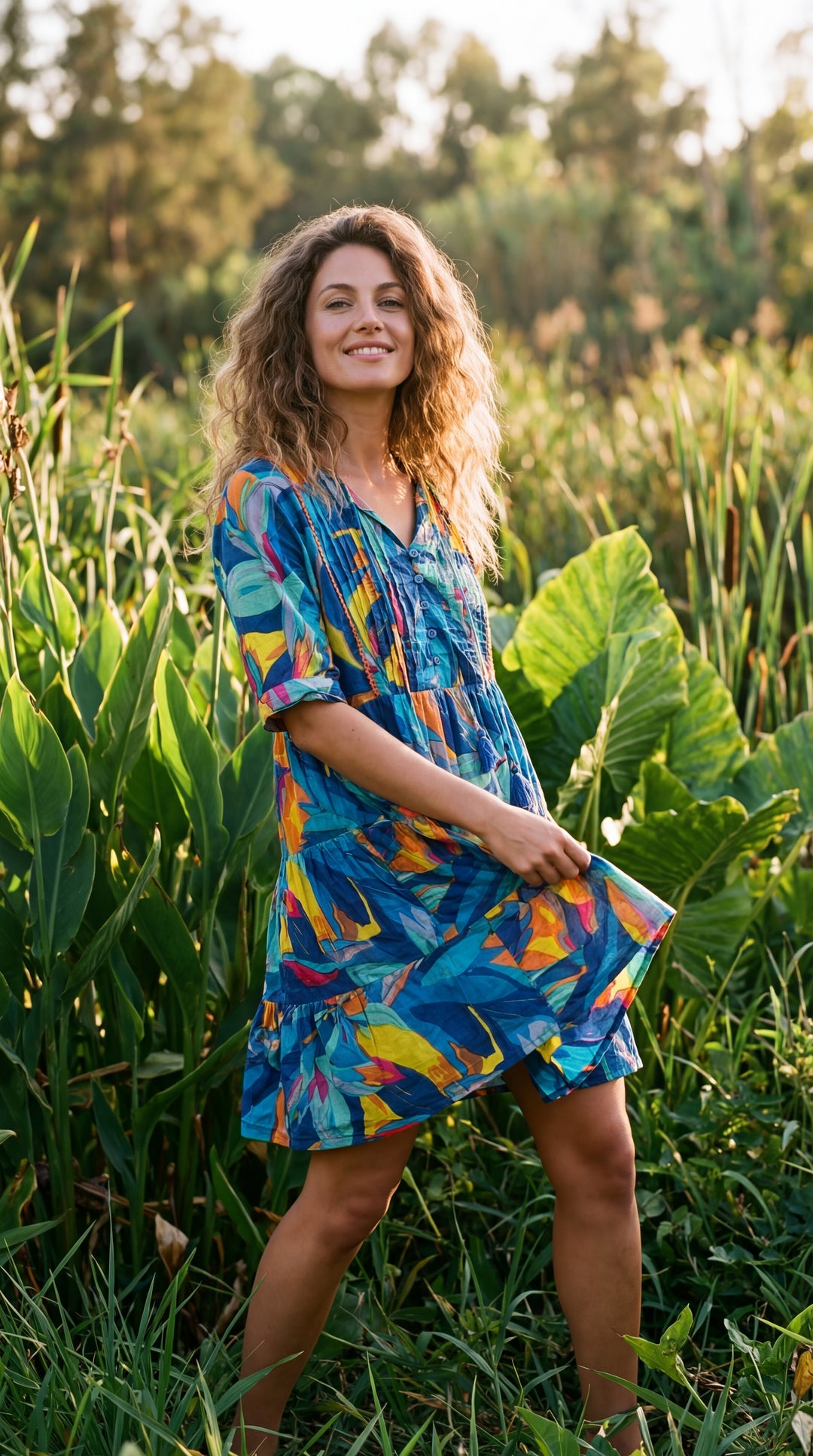 Flora Bloom Organic Cotton Block Print Mini Dress – Tiered Boho Summer Sundress Green