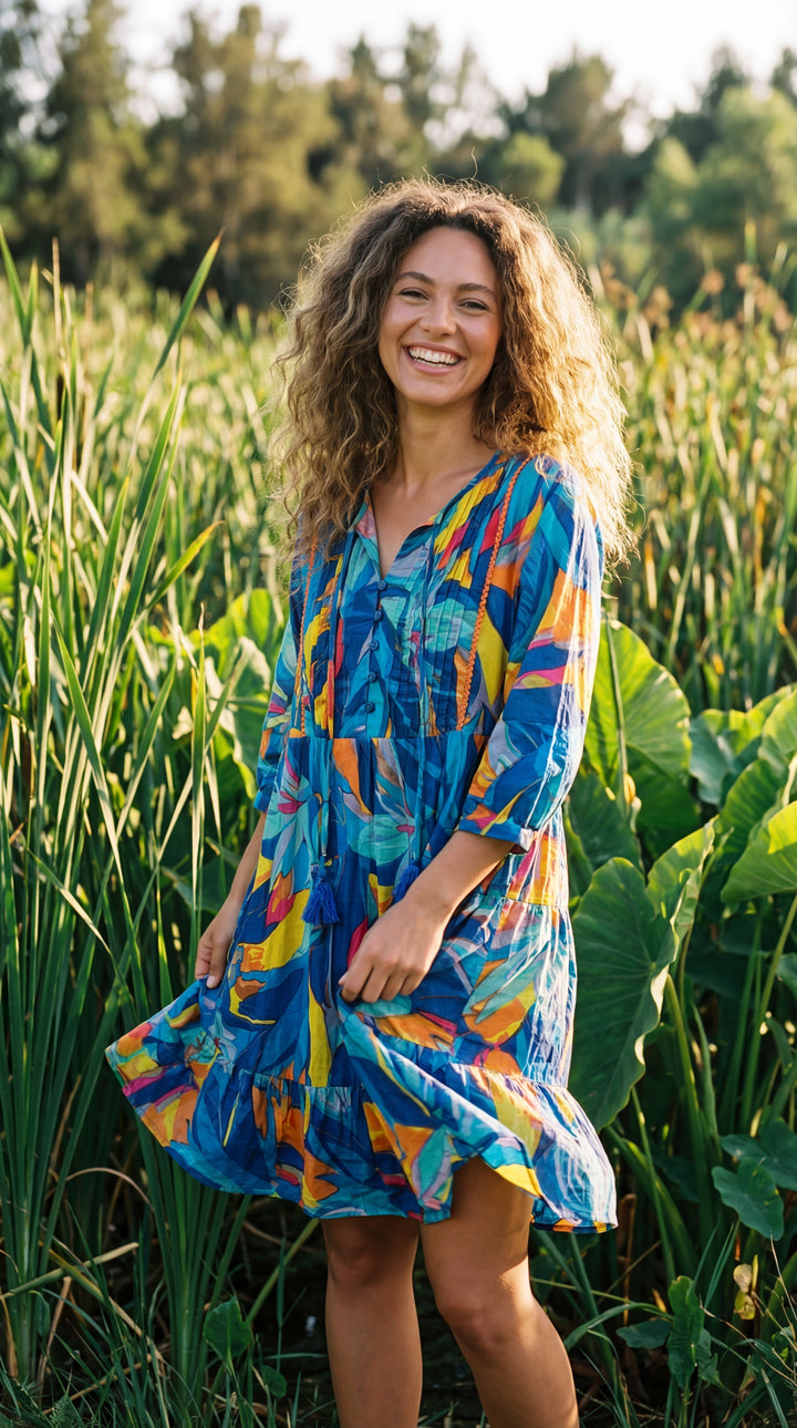 Flora Bloom Organic Cotton Block Print Mini Dress – Tiered Boho Summer Sundress Green