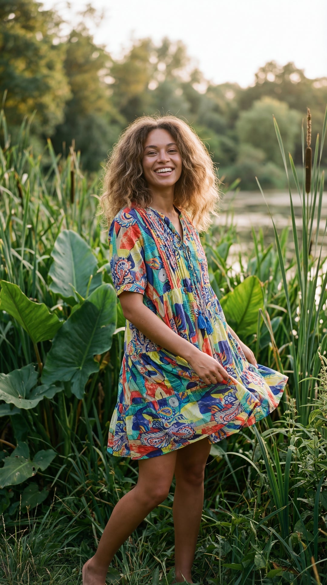 Flora Bloom Organic Cotton Block Print Mini Dress – Tiered Boho Summer Sundress Green