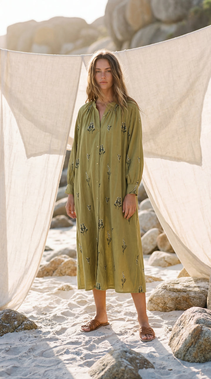 Shunita Embroidered Organic Cotton Long Maxi Dress Green