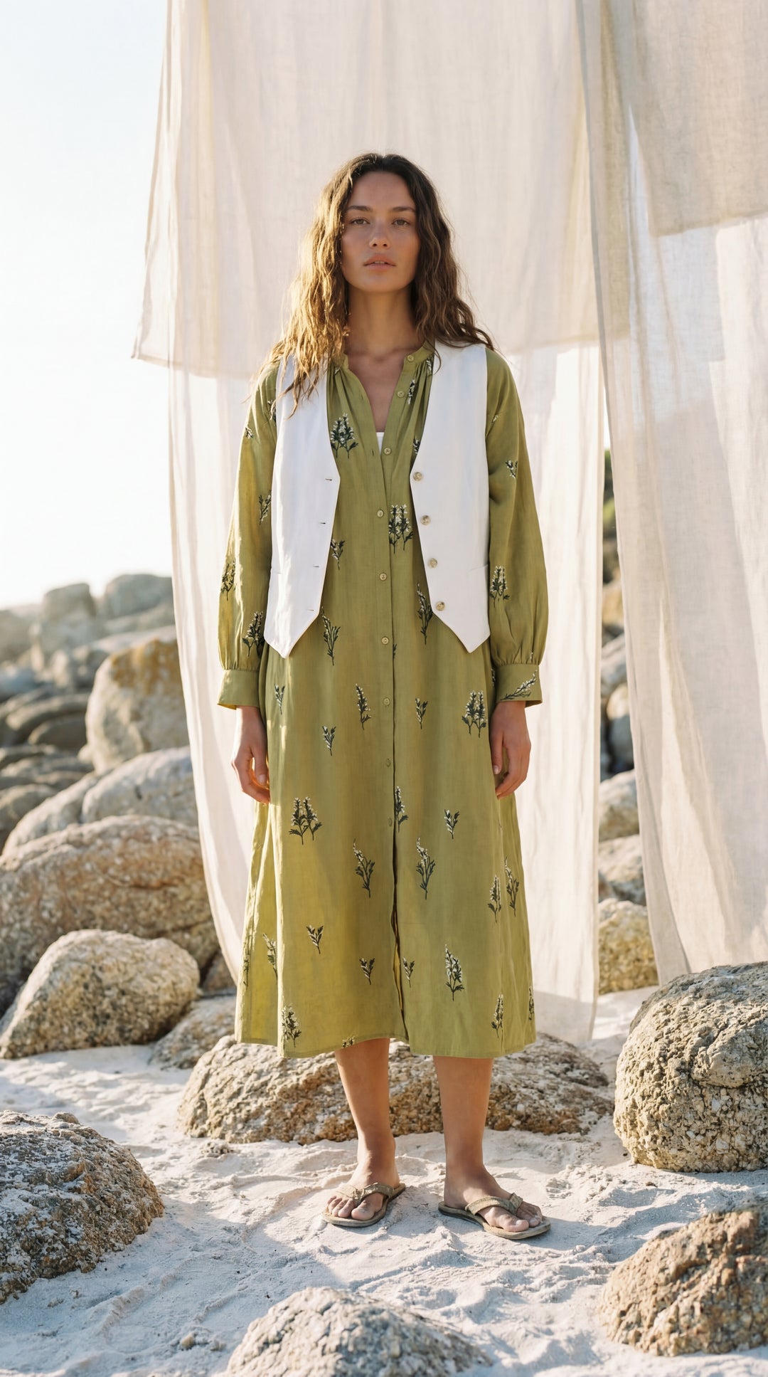 Shunita Embroidered Organic Cotton Long Maxi Dress Green