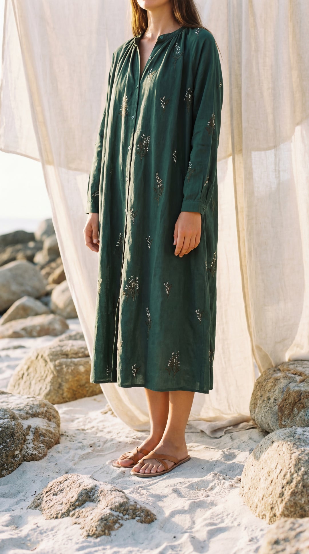 Shunita Embroidered Organic Cotton Long Maxi Dress Green