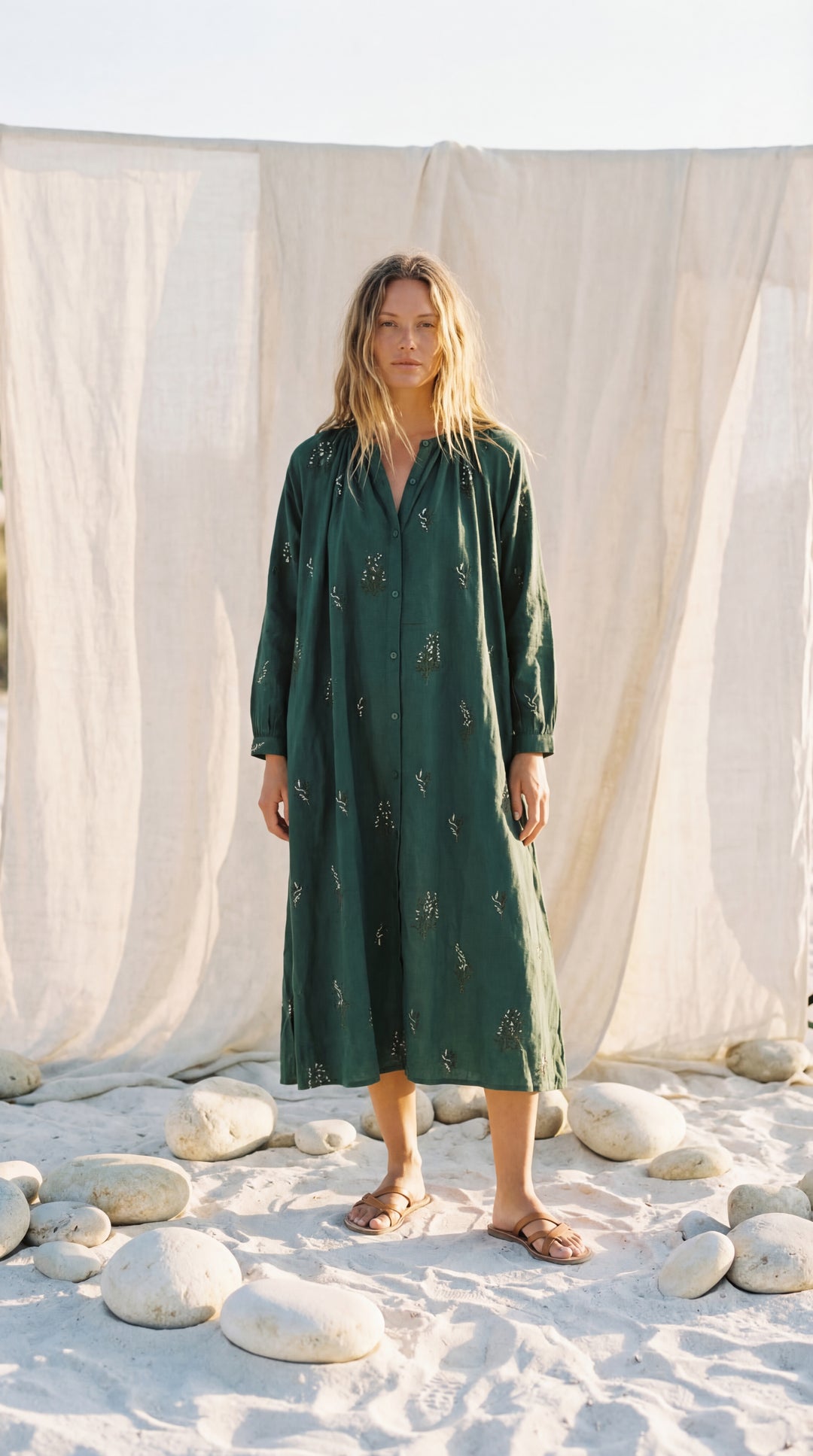 Shunita Embroidered Organic Cotton Long Maxi Dress Green