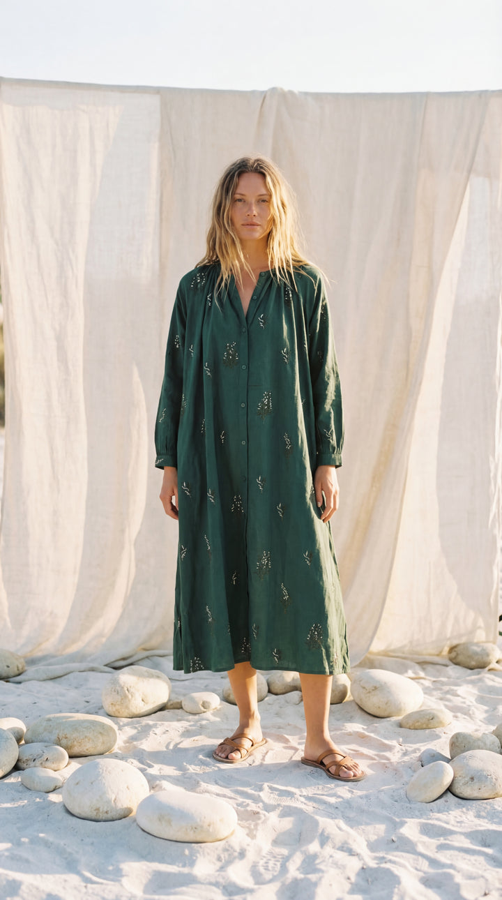 Shunita Embroidered Organic Cotton Long Maxi Dress Green