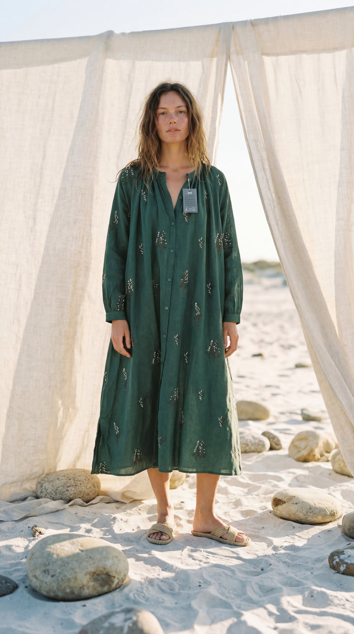Shunita Embroidered Organic Cotton Long Maxi Dress Green