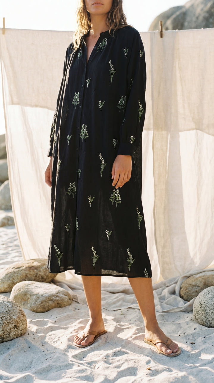 Shunita Embroidered Organic Cotton Long Maxi Dress Green