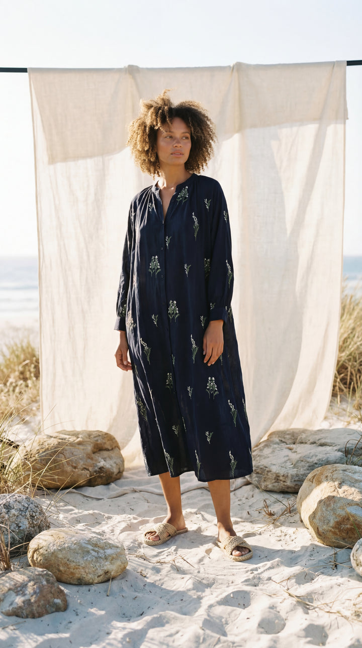 Shunita Embroidered Organic Cotton Long Maxi Dress Green