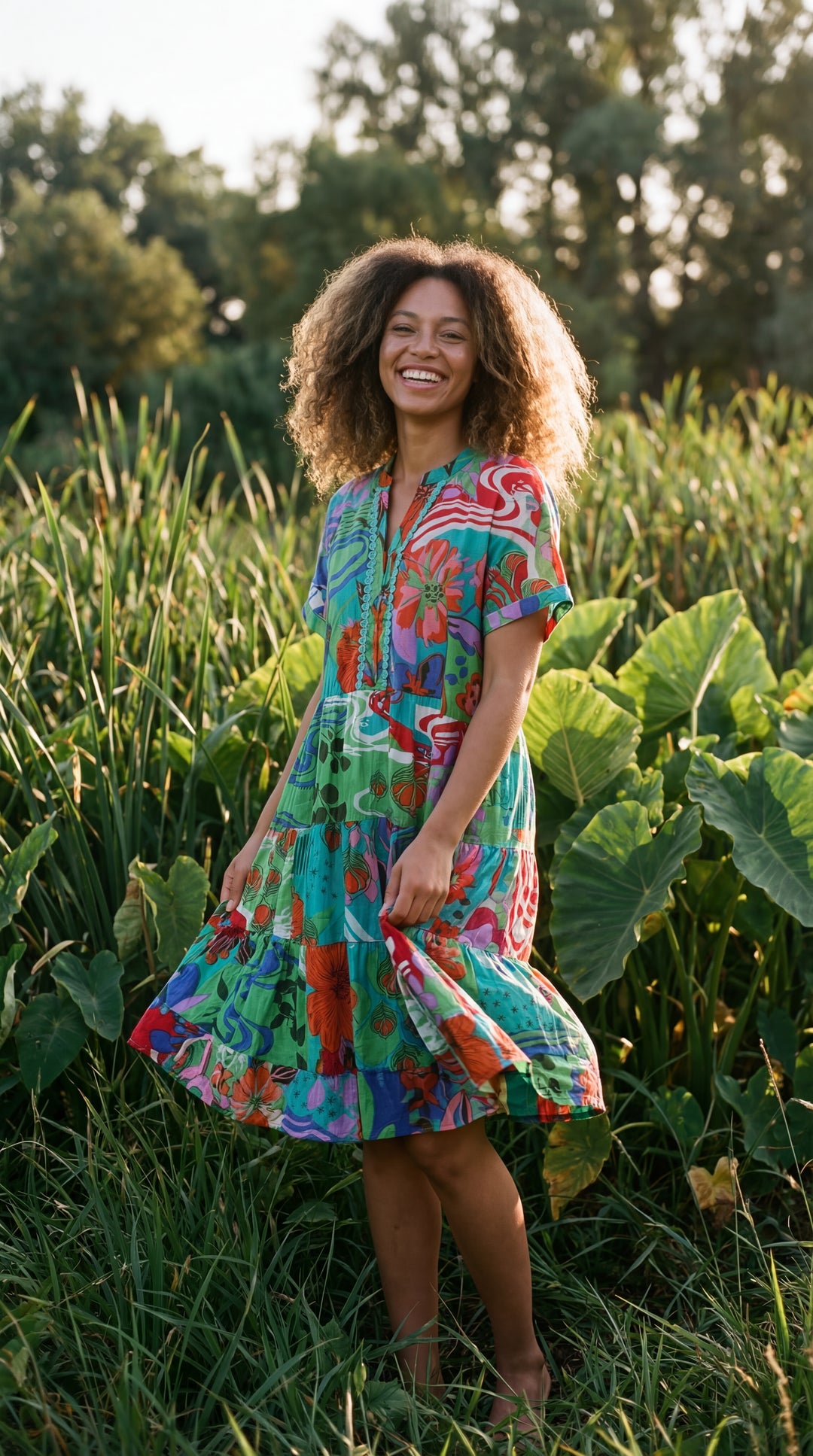 Verdant Bloom Organic Cotton Block Print Mini Dress – Tiered Boho Summer Sundress Pink