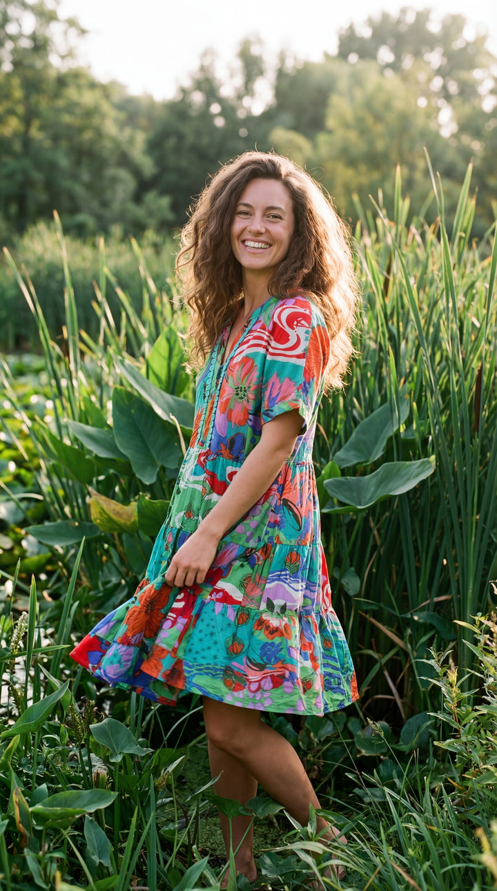 Verdant Bloom Organic Cotton Block Print Mini Dress – Tiered Boho Summer Sundress Pink