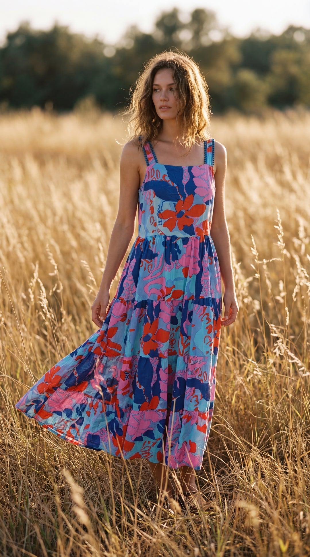 Flora Sundress Organic Cotton Batonical Print Strap Maxi Dress