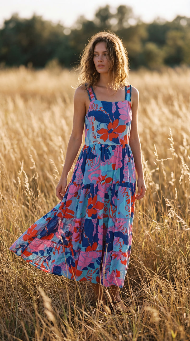 Flora Sundress Organic Cotton Batonical Print Strap Maxi Dress