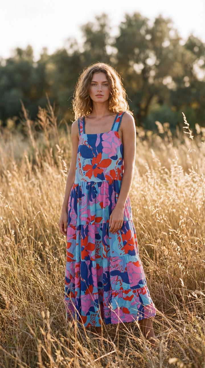 Flora Sundress Organic Cotton Batonical Print Strap Maxi Dress