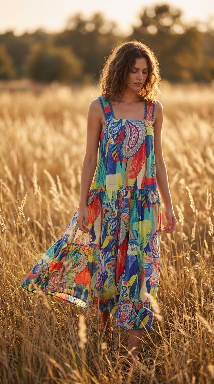 Flora Sundress Organic Cotton Batonical Print Strap Maxi Dress
