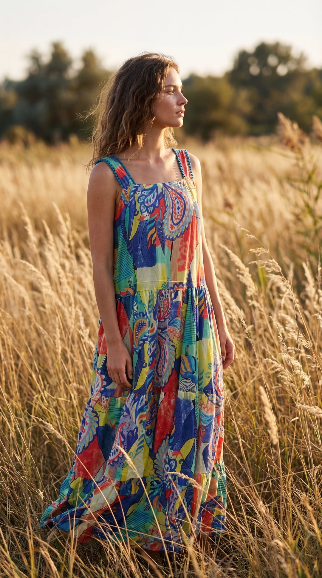 Flora Sundress Organic Cotton Batonical Print Strap Maxi Dress