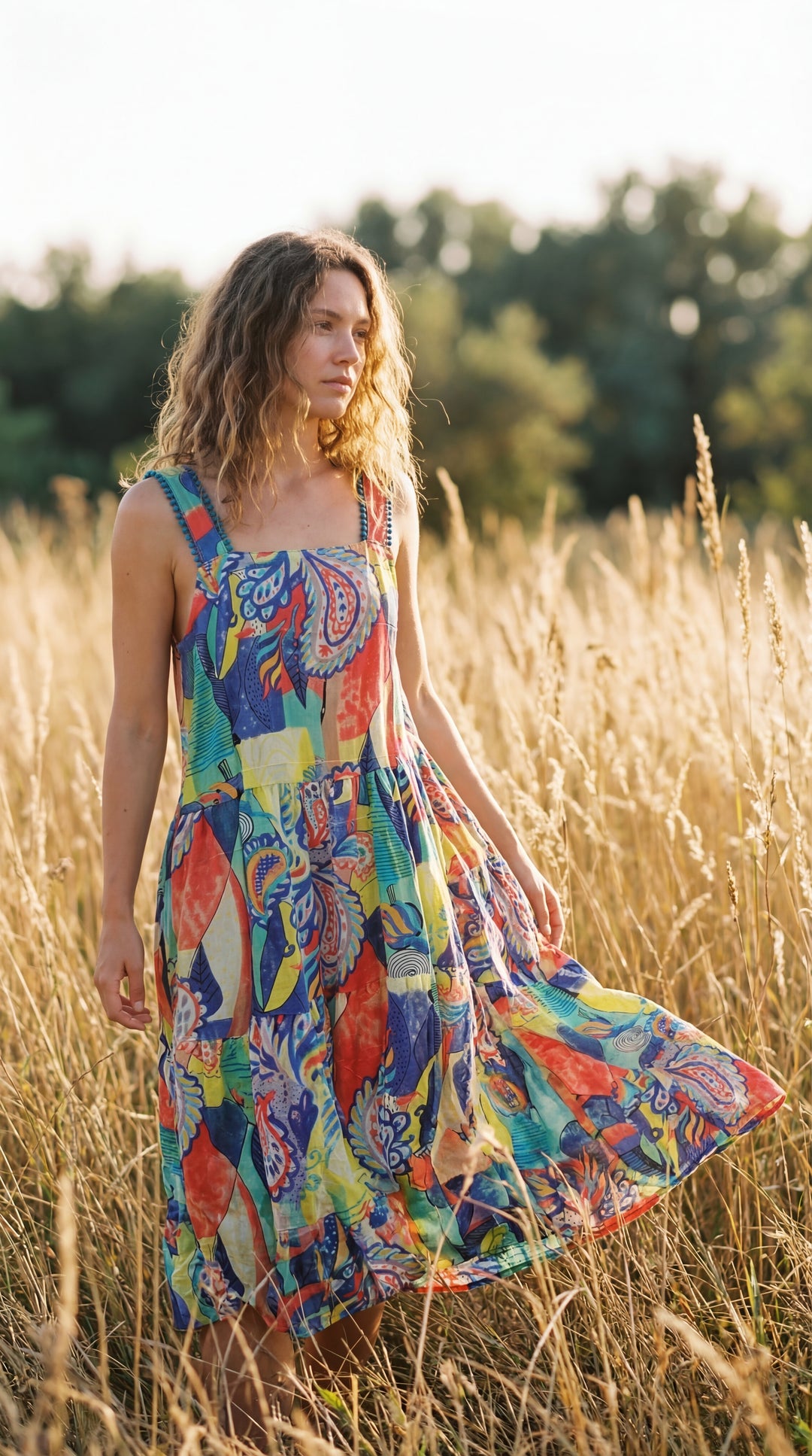 Flora Sundress Organic Cotton Batonical Print Strap Maxi Dress