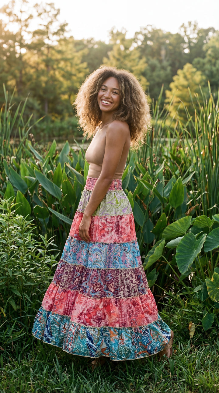 Boho Silk Maxi Skirt: Patchwork Paisley Print, Sari Frill Detail Plus Size