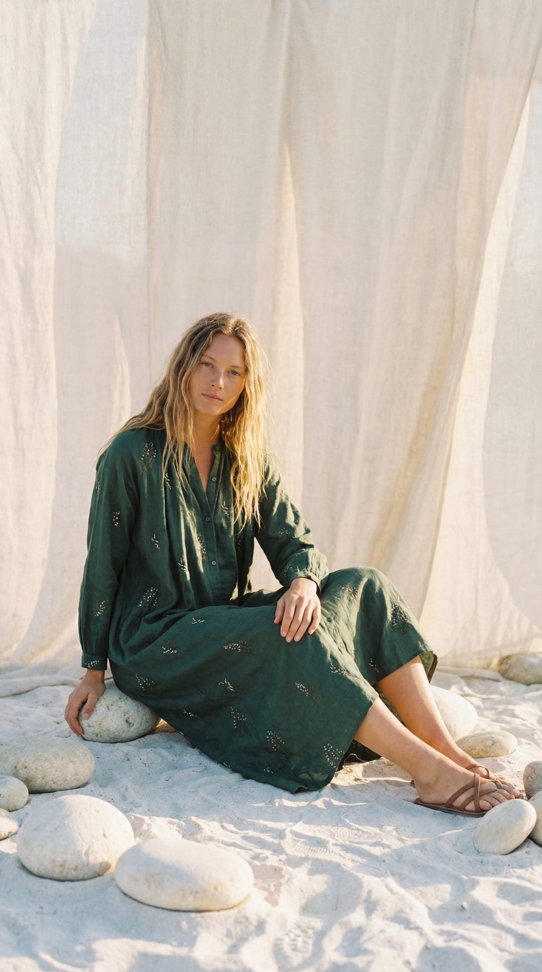 Shunita Embroidered Organic Cotton Long Maxi Dress Green