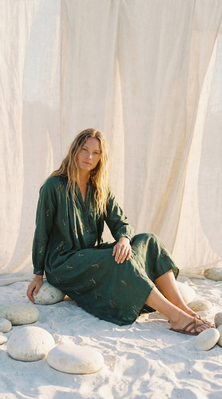 Shunita Embroidered Organic Cotton Long Maxi Dress Green
