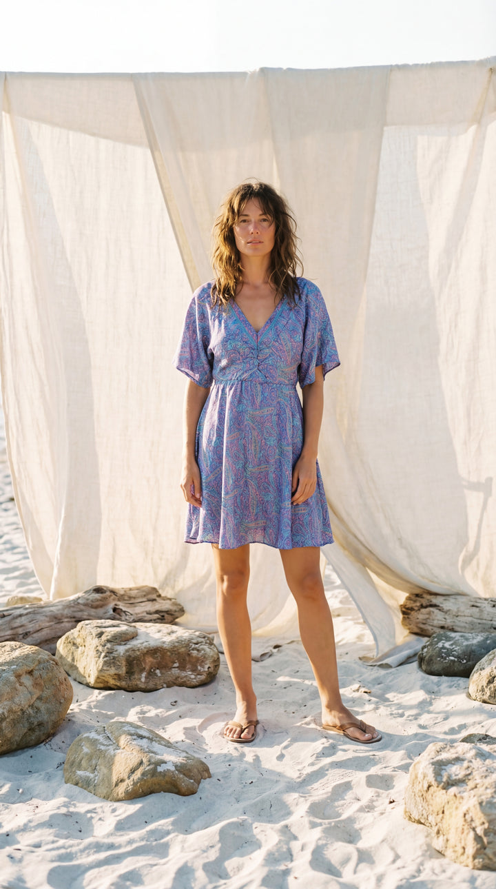 The "Aria" Silk Mini – Periwinkle Paisley with Flutter Sleeves