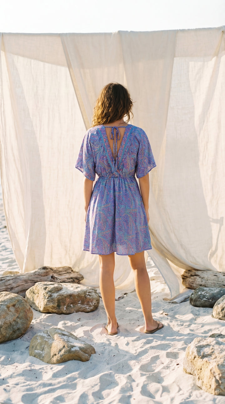 The "Aria" Silk Mini – Periwinkle Paisley with Flutter Sleeves