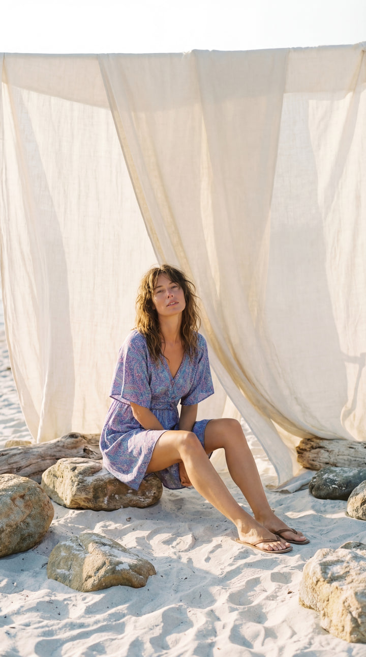 The "Aria" Silk Mini – Periwinkle Paisley with Flutter Sleeves