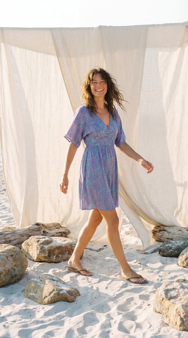 The "Aria" Silk Mini – Periwinkle Paisley with Flutter Sleeves