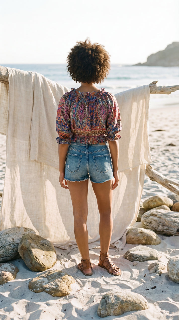 The "Indie" Silk Smocked Crop Top – Available in Sunset Orange, Azure Blue & Royal Purple