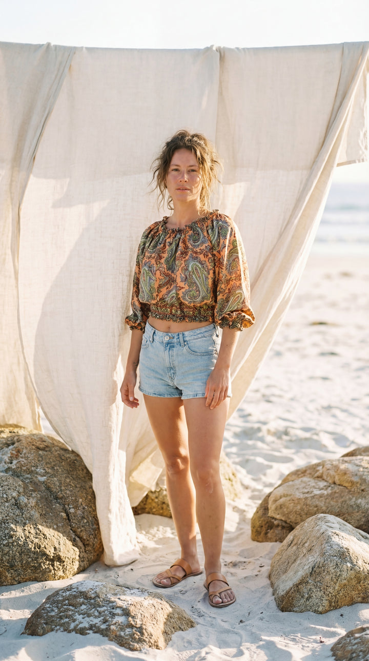 The "Indie" Silk Smocked Crop Top – Available in Sunset Orange, Azure Blue & Royal Purple