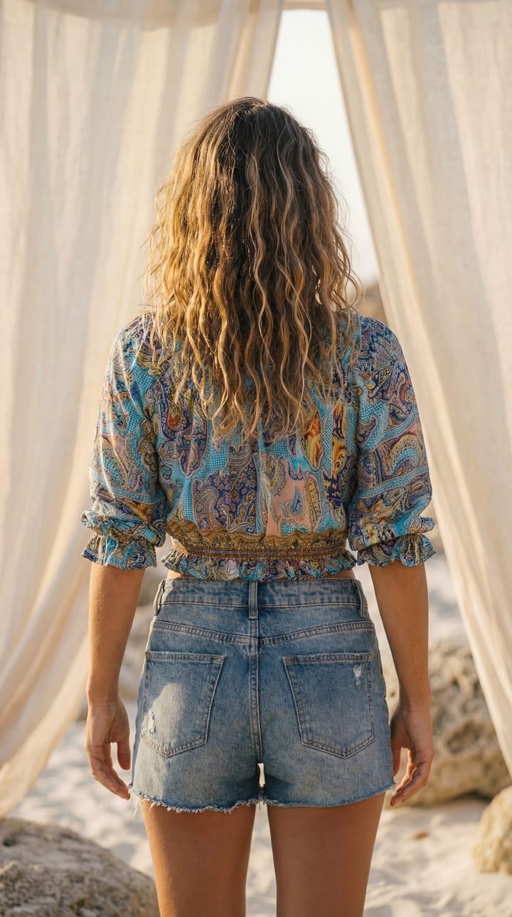 The "Indie" Silk Smocked Crop Top – Available in Sunset Orange, Azure Blue & Royal Purple