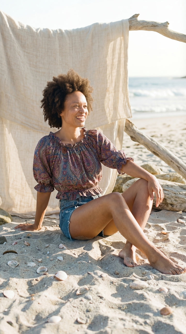 The "Indie" Silk Smocked Crop Top – Available in Sunset Orange, Azure Blue & Royal Purple