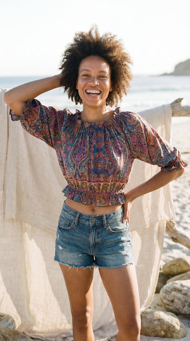 The "Indie" Silk Smocked Crop Top – Available in Sunset Orange, Azure Blue & Royal Purple