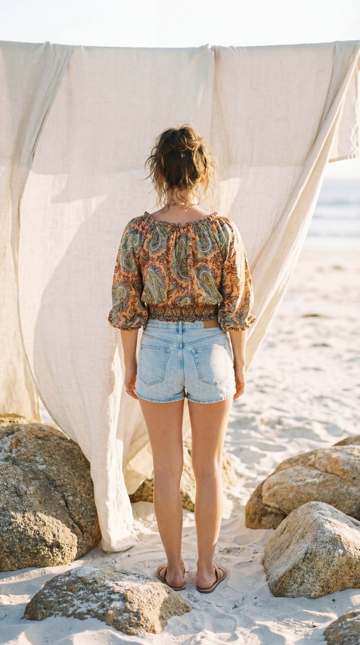 The "Indie" Silk Smocked Crop Top – Available in Sunset Orange, Azure Blue & Royal Purple
