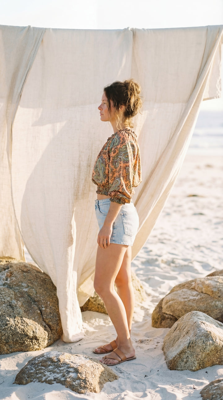 The "Indie" Silk Smocked Crop Top – Available in Sunset Orange, Azure Blue & Royal Purple