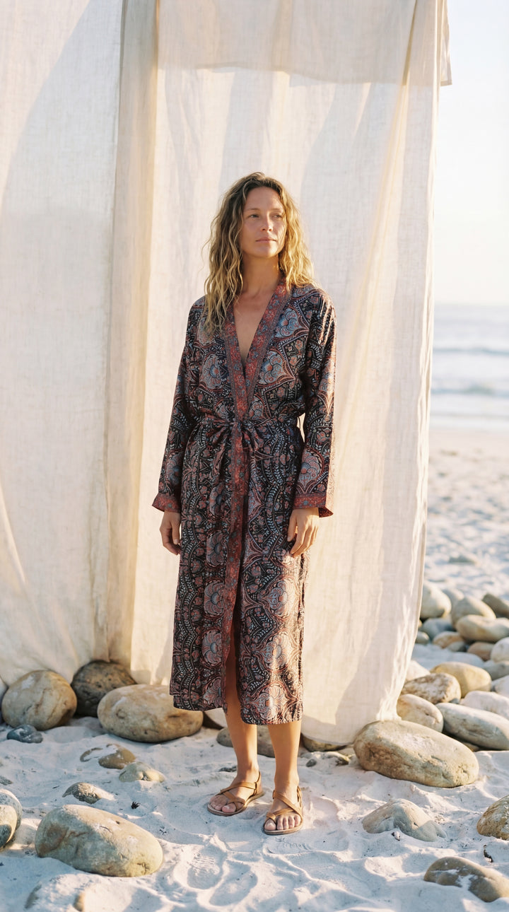 The "Luxe Oasis" Silk Kimono – Available in Midnight Black, Royal Purple & Peony Pink