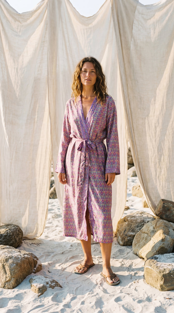 The "Luxe Oasis" Silk Kimono – Available in Midnight Black, Royal Purple & Peony Pink