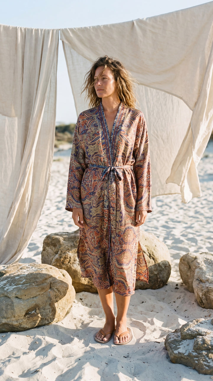 The "Luxe Oasis" Silk Kimono – Available in Midnight Black, Royal Purple & Peony Pink
