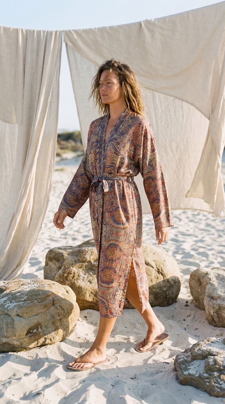 The "Luxe Oasis" Silk Kimono – Available in Midnight Black, Royal Purple & Peony Pink