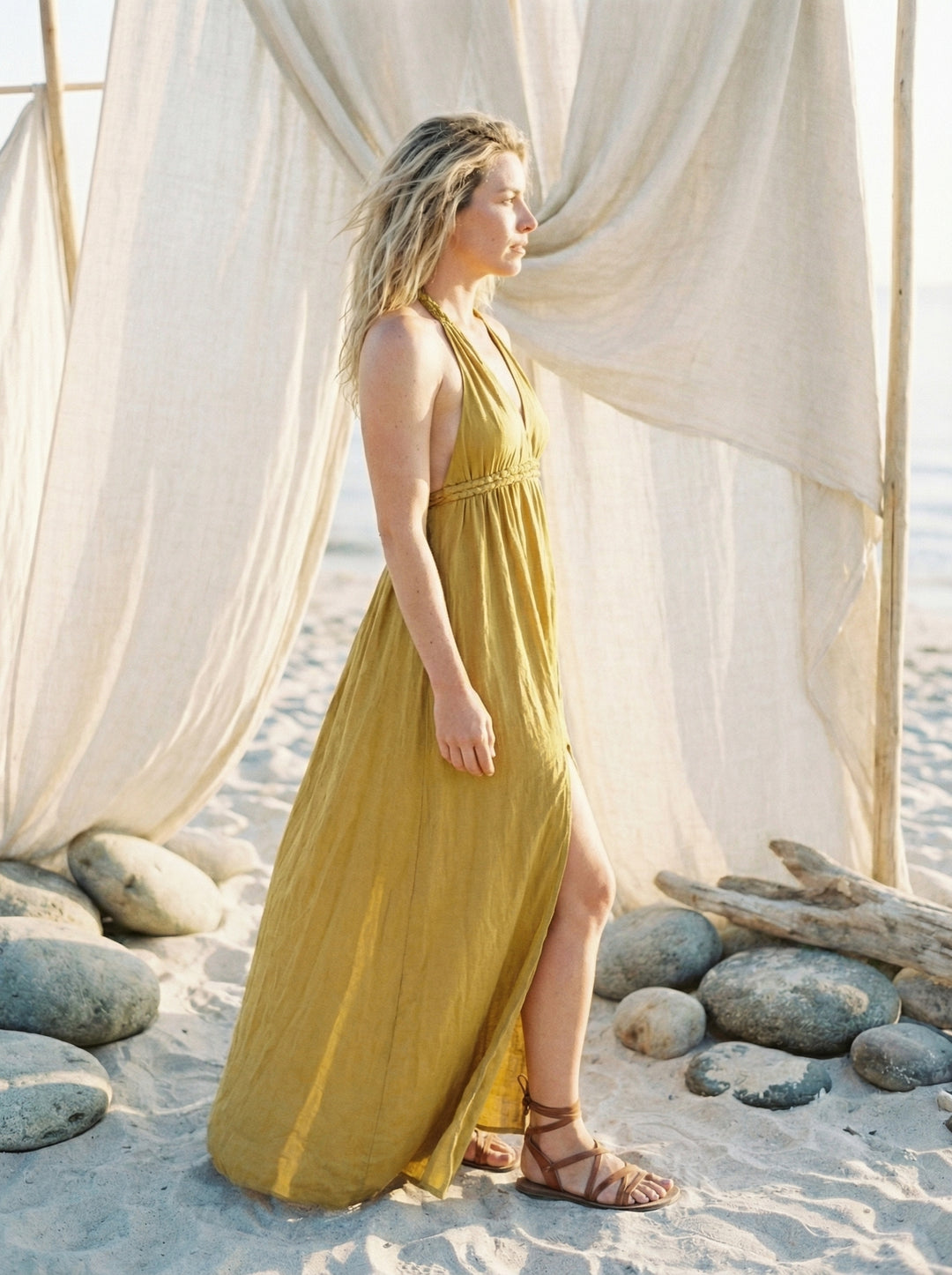 Cotton Gauze Maxi Dress – Bohemian Halter Neck Goddess Gown (UK 8-14)