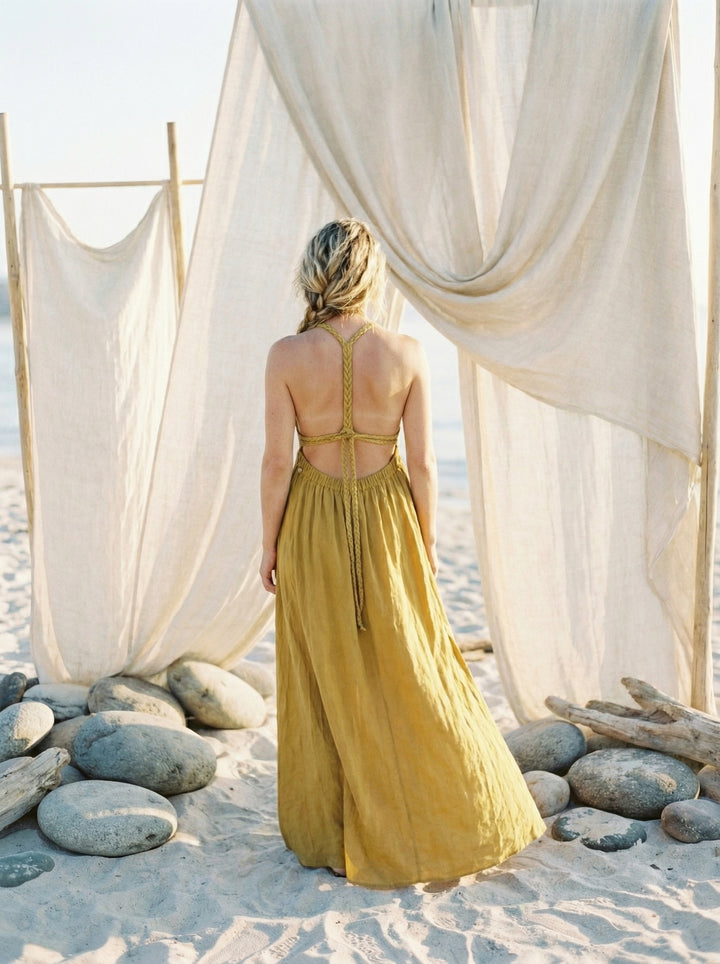 Cotton Gauze Maxi Dress – Bohemian Halter Neck Goddess Gown (UK 8-14)