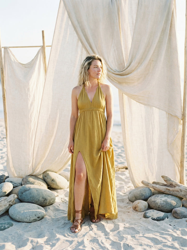 Cotton Gauze Maxi Dress – Bohemian Halter Neck Goddess Gown (UK 8-14)